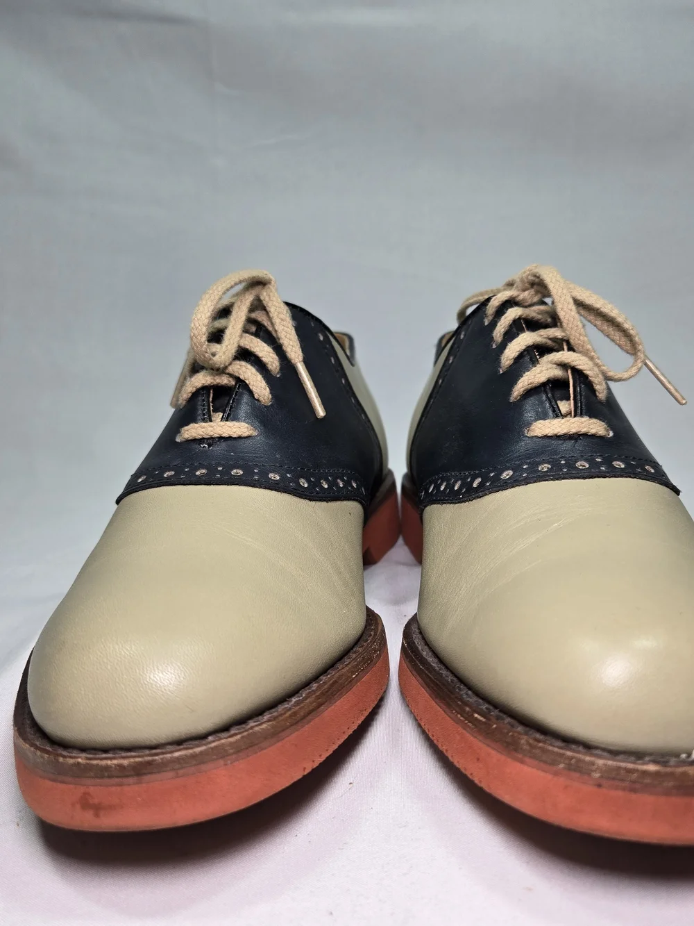 Vintage COLE HAAN Leather Saddle Oxfords Olive Khaki/Navy Mens 6.5 Wide Preppy